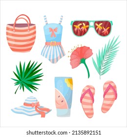 Set of summer accessories. Items for holidays or weekends at the seaside. Vector illustration isolated on white background.