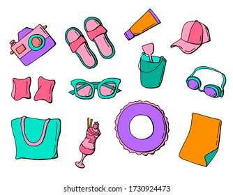 Set of summer accessories on an isolated white background. Sunglasses, cocktail, beach mat, slippers, beach bag, cap, diving glasses, life buoy, bucket, camera.