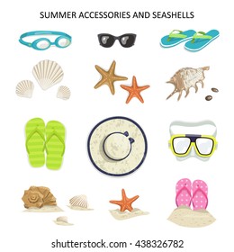 Set summer accessories and seashells on a white background. Vector icons glasses, diving mask, flip-flops, shells, starfish, hat, sunglasses
