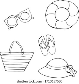 set of summer accessories .Vector illustration isolated on white background. Doodle style drawing, free hand. Beach bag, sunglasses, panama, flip flops, rubber ring