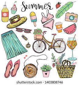 Set of summer accosiated objects like fruits and plants and feminine clothing and accessories