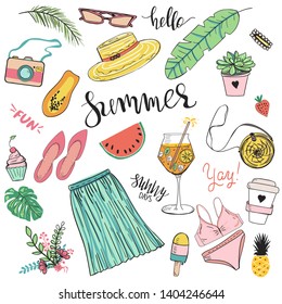 Set of summer accosiated objects like fruits and plants and feminine clothing and accessories