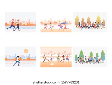 Set of summer activities. Flat vector illustrations of young people, running, roller skating, resting on beach. Summer holidays concept for banner, website design or landing web page