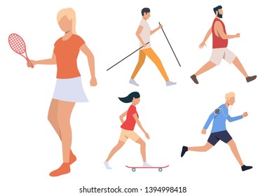 Set of summer activities. Men and women playing tennis, walking, running, skateboarding. Activity concept. Vector illustration can be used for topics like healthy lifestyle or fitness