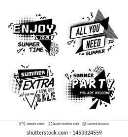 Set of summer ad text blocks in pop-art style. Black and white text and shapes for your summer specials. Vector template.