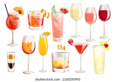 A set of summer alcoholic cocktails.Aperol Spritz, B-52, Negroni, Bahama Mama. glasses of wine, whiskey, Tom Collins, Paloma.martini with strawberries.