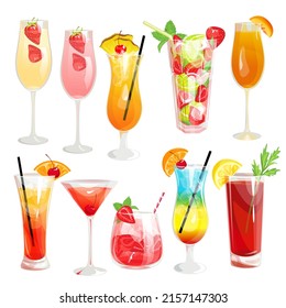 A set of summer alcoholic cocktails.Refreshing drinks: bellini, rainbow cocktail, sunrise tequila, Bloody Mary, Manhattan, champagne with strawberries, strawberry mojito, Mai tai.Beverage concept