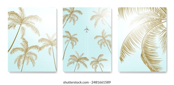 Conjunto de carteles de arte de verano con palmeras y sol contra el cielo azul y avión. Fondo de Vector para vacaciones, vacaciones, impresión, textil, Fondo de pantalla, interior, vacaciones, cubierta, volante.