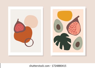 Set of summer artistic greeting cards, invitations. Cut figs, avocado fruit, monstera leaf and abstract geometric shapes. Modern minimalist vector drawing. Tropical posters, wall art, brochure covers.