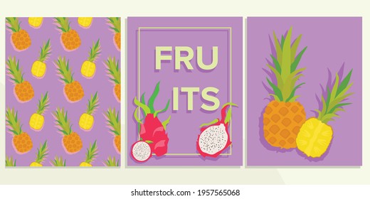 Set of summer artistic greeting cards, invitations. Summertime poster. Avocado, pineapple, dragon fruit
