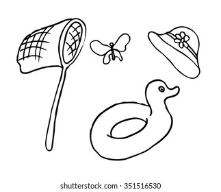 Set of summer attributes. A butterfly net, a hat, rubber ring