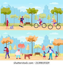 Set of summer and autumn parks panorama horizontal banner. People walking and have Active Leisure Healthy Lifestyle Outdoors. Flat Art Vector Illustration