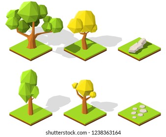 Set of summer and autumn trees and stones, rocks for landscape design, map or game. Big and  small trees, stone path and stones isometric vector illustration 