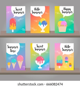 Set of summer background. Colorful of ice cream icon design for greeting card, poster, banner, invitation card, backdrop and template design. Vector illustration.