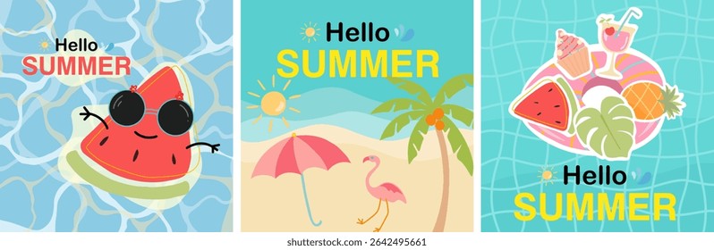 Set of Summer background layout design with summer elements and summer quotes. Square poster, greeting card, header for website, banner, social media. Vector illustration.