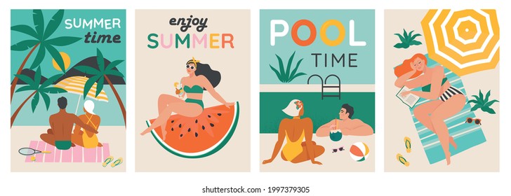 Set of a summer background. Summer swimming, swimming, diving in a huge watermelon. Couple relaxing at the beach . Vector cards, poster design illustration.