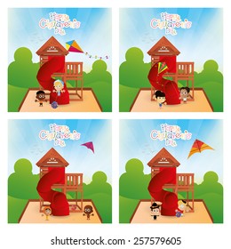 a set of summer backgrounds with children, text and toys