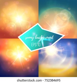 Set of summer backgrounds. Colorful wallpaper ideas with natural sun and camera flares effects. Glowing light and particles.