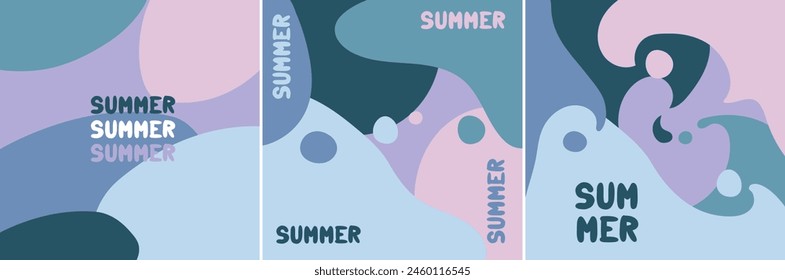 A set of summer backgrounds in the colors of the sea wave. Bright, geometric, grainy vintage-style spots in the form of waves. Delicate shades of an abstract background with an inscription. Printing