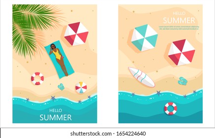 Set summer backgrounds. Couple sunbathing top view. A man and an African American woman are sunbathing on a beach. Beach time vector illustration.