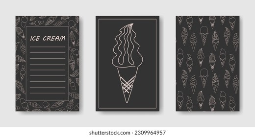 Set von Sommerhintergründen mit doodle Eis Cremes. Durchlaufende zeilengezeichnete Abbildung. Rahmen, Muster, Einzeleis mit heller Umrisslinie auf schwarzem Hintergrund. Layout für Menü, Werbung, Einladung