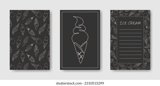 Set of summer backgrounds with doodle ice creams. Continuous line drawn illustration. Frame, pattern, single ice cream with light outline on black background. Layout for menu, advertising