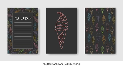 Set of summer backgrounds with doodle ice creams. Continuous line drawn illustration. Frame, pattern, single ice cream with colorful outline on black background. Layout for menu, advertising