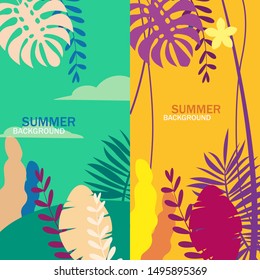 Set of summer backgrounds floral exotic plants leaves, banners, posters, cover design templates, social media stories wallpapers, vector isolated trendy flat cartoon style
