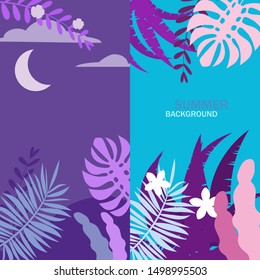 Set of summer backgrounds floral exotic plants leaves, banners, posters, cover design templates, social media stories wallpapers, vector isolated trendy flat cartoon style
