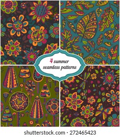 Set of summer backgrounds - Floral Seamless Patterns with hand drawn flowers, trees, leaves. 