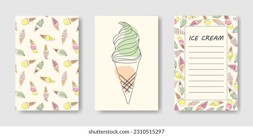 Conjunto de fondos de verano con cremas de hielo dibujadas en una línea. Patrón, marco, helado único sobre un fondo claro. Diseño del menú, publicidad, volantes, invitaciones