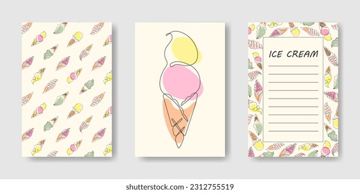 Conjunto de fondos de verano con cremas de hielo dibujadas en una línea. Patrón, marco, helado único sobre un fondo claro. Ilustración del doodle.  Diseño del menú, publicidad, volantes, invitaciones