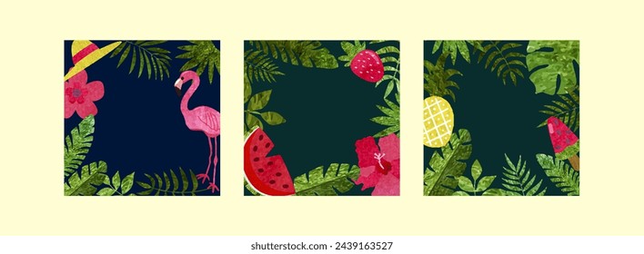 Set of summer backgrounds with tropical palm leaf for social media,banner,cover,poster,stories,card,post. Vector template for your design with copy space for text. Summertime