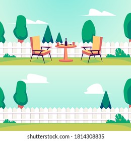 Set of summer backyard backgrounds without people, flat vector illustration. Family barbecue on summer house backyard party layouts with garden furniture collection.