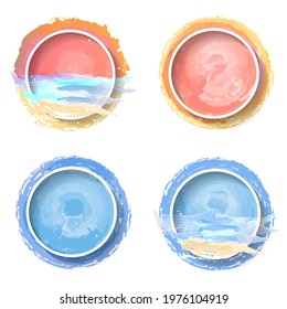 Set summer badges, frames, hand drawn tags and elements set, labels, for summer holiday, travel, beach vacation, sun. Watercolor and lettering style. Vector illustration for fabric, poster prints