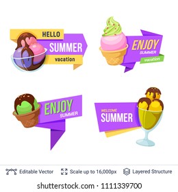 Set of summer badges. Ice cream dessert and ad text. Easy to edit and recolor vector label.