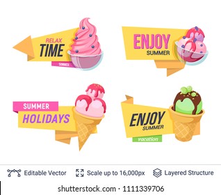 Set of summer badges. Ice cream dessert and ad text. Easy to edit and recolor vector label.