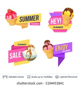 Set of summer badges isolated on white. Ice cream dessert and ad text. Easy to edit and recolor vector label.