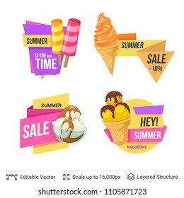 Set of summer badges isolated on white. Ice cream dessert and ad text. Easy to edit and recolor vector label.