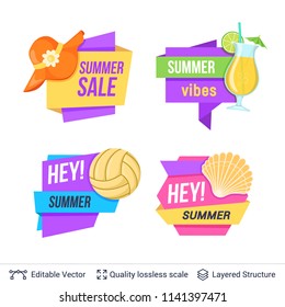 Set of summer badges isolated on white. Tourist objects and bright copy space with editable ad text.