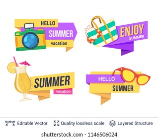 Set of summer badges isolated on white. Tourist objects and bright copy space with editable ad text.
