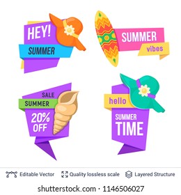Set of summer badges isolated on white. Tourist objects and bright copy space with editable ad text.
