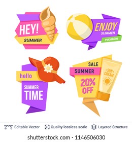 Set of summer badges isolated on white. Tourist objects and bright copy space with editable ad text.