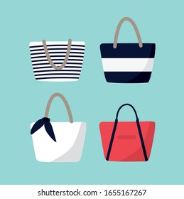 Set of summer bags for beach. Flat vector illustration.