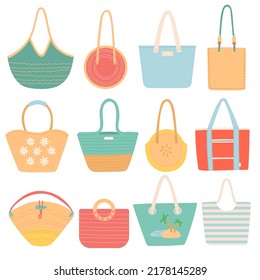 Juego de bolsas de verano. Material de playa para viajes de verano. Accesorios de vacaciones para vacaciones en el mar. Ilustración vectorial plana aislada en fondo blanco