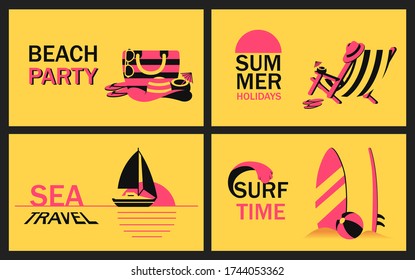 Set summer banner with beach accessory, deckchair, sailboat in ocean at sunset and surfboard in sand in simplified style. Vector modern poster for beach party