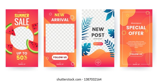 Set of summer banner for social media stories. Bright summer backgrounds with watermelon, tropical leaves. Story concept. Product catalog, discount voucher, advertising. Vector eps 10