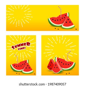 Set Summer banner with Watermelon. Sun rays drawn white pencil. 3D slice Watermelon with drinking straw. with empty place for text.  Vector illustration on yellow background.