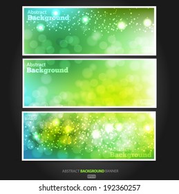 Set summer banners abstract blurred green background with bokeh effect. Spring, nature, overcast. Vector EPS 10 illustration.