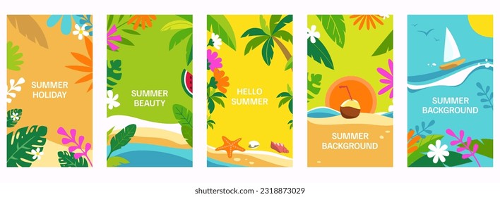 Set of summer banners, backgrounds with palm trees, sea, shells, flowers, fruits. Summer backgrounds in flat vector style.